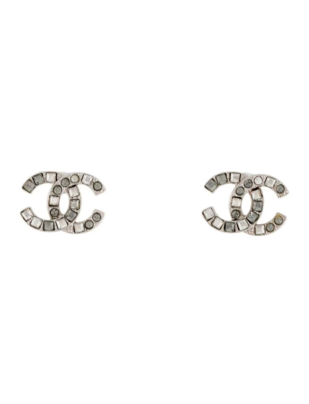 Chanel Silver-tone Strass Interlocking CC Stud Earrings